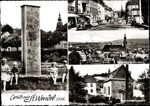 Ak St. Wendel im Saarland, Brunnen, Bahnhofstraße, Blick vom Gudersberg, Wendelinuskapelle