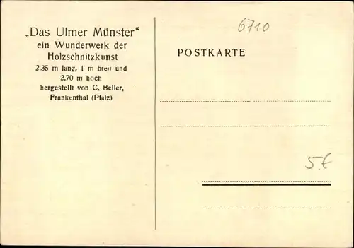 Ak Frankenthal in der Pfalz, Holzschnitzer C. Beller, Ulmer Münster, Modell