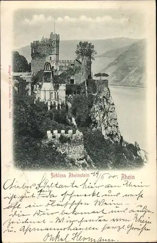 Ak Trechtingshausen, Burg Rheinstein, Felsen, Fluss