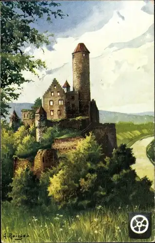 Künstler Ak G. Rothgeb, Neckarzimmern, Blick auf Schlossruine Hornberg, Götzens Burg