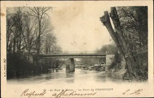 Ak Champigny Marne, Vue prise la pont, fleuve, foret