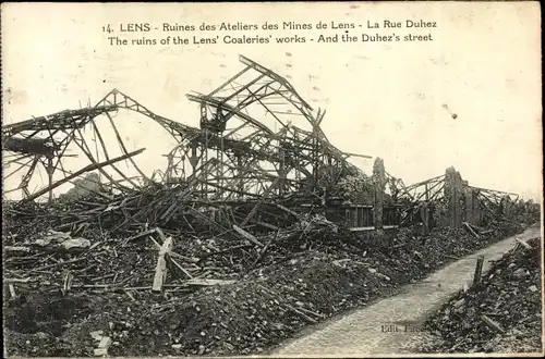 Ak Lens Pas de Calais, Ruines des Ateliers des Mines, La Rue Duhez