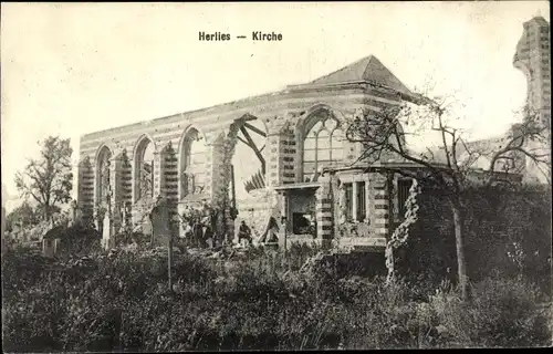 Ak Herlies Nord, Ruine der Kirche, Kriegszerstörung I. WK
