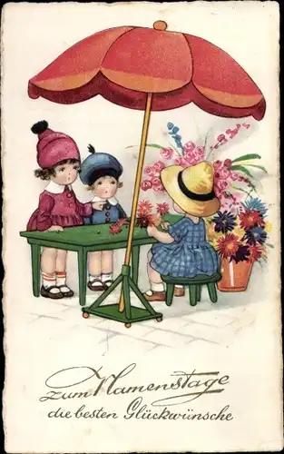 Ak Glückwunsch Namenstag, Kinder am Blumenstand, Sonnenschirm