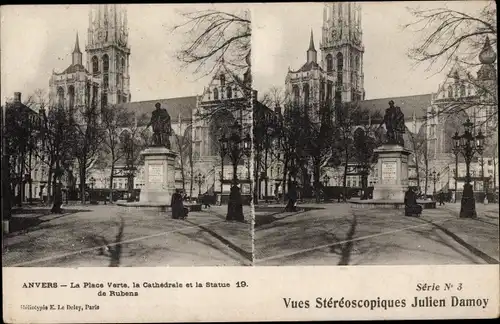 Stereo Ak Antwerpen Anvers Flandern, La Place Verte, Cathedrale, Statue de Rubens