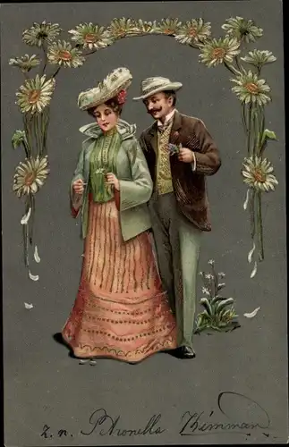 Ak Liebespaar, Frau zupft Blütenblätter von eienr Blume