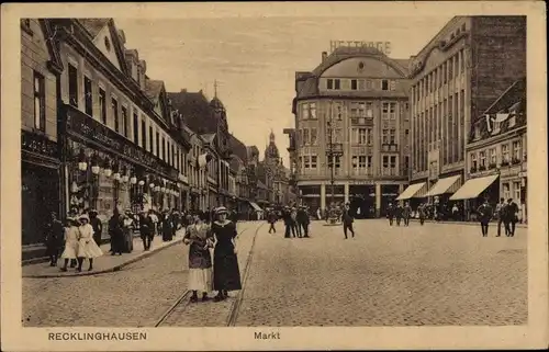 Ak Recklinghausen im Ruhrgebiet, Markt, Geschäfte, Passanten