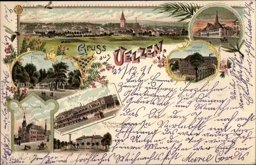 Litho Uelzen in Niedersachsen, Postamt, Bahnhof, Höhere Töchterschule, Rathaus