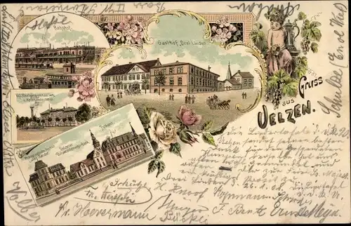 Litho Uelzen in Niedersachsen, Gasthof Drei Linden, Postamt, Bahnhof, Realgymnasium