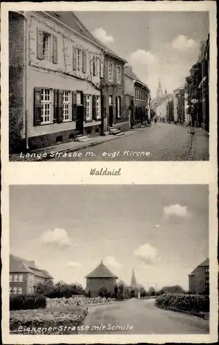 Ak Waldniel Schwalmtal am Niederrhein, Lange Straße, Evangelische Kirche, Eickener Straße, Schule