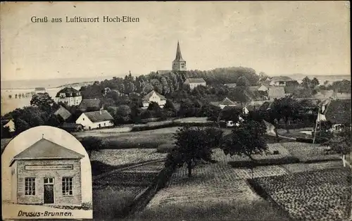 Ak Hoch Elten Emmerich am Niederrhein, Blick auf den Ort mit Umgebung, Drusus Brunnen