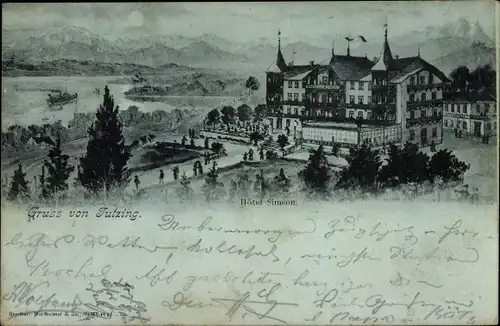 Mondschein Litho Tutzing am Starnberger See Oberbayern, Hotel Simson