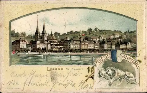 Präge Passepartout Litho Luzern Stadt Schweiz, Nationalquai, Löwe