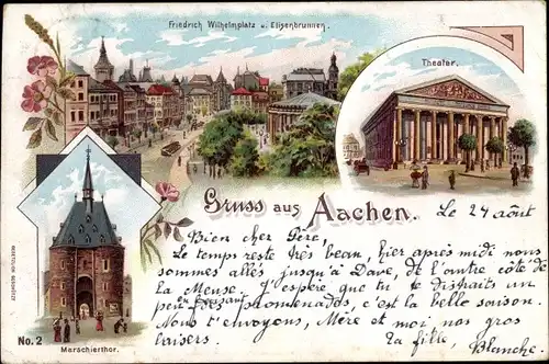 Litho Aachen in Nordrhein Westfalen, Theater, Friedrich Wilhelmplatz, Elisenbrunnen, Marschiertor