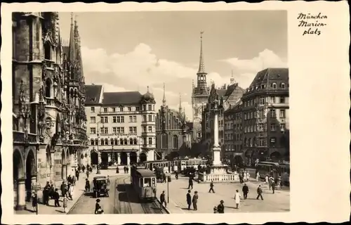 Ak München Bayern, Marienplatz, Straßenbahn, Denkmal