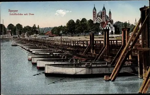 Ak Speyer am Rhein, Schiffbrücke mit Dom