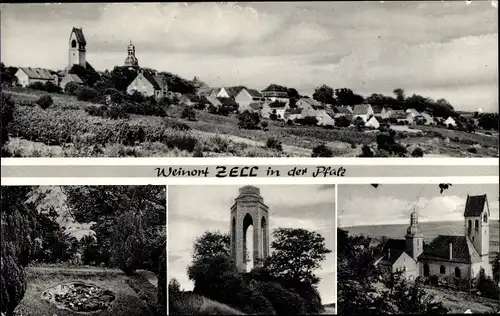 Ak Zell an der Mosel, Gesamtansicht, Teich, Denkmal, Kirche, Gasthaus Zum schwarzen Herrgott