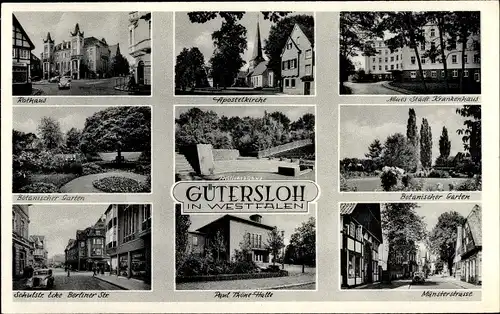 Ak Gütersloh in Westfalen, Rathaus, Apostelkirche, Krankenhaus, Freilichtbühne, Botanischer Garten