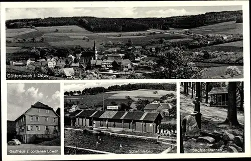 Ak Güttersbach Mossautal im Odenwald, Schwimmbad, Siegfriedbrunnen, Gasthaus zum Goldenen Löwen