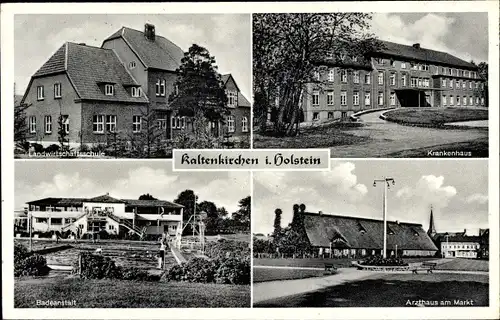 Ak Kaltenkirchen in Holstein, Landwirtschaftsschule, Krankenhaus, Badeanstalt, Arzthaus am Markt