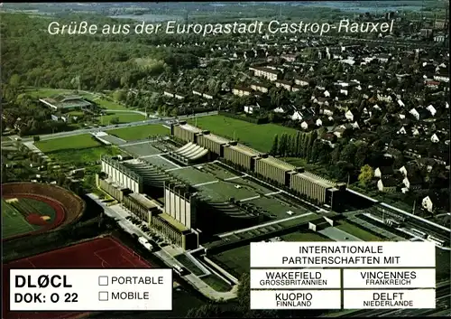 Ak Castrop Rauxel im Ruhrgebiet, Luftaufnahme, Forum Europaplatz, Stadthalle, Funkerkennung