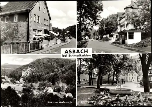 Ak Asbach Schmalkalden im Thüringer Wald, Café Endter, Talstraße, Blick zum Hachelstein, Lindenplatz