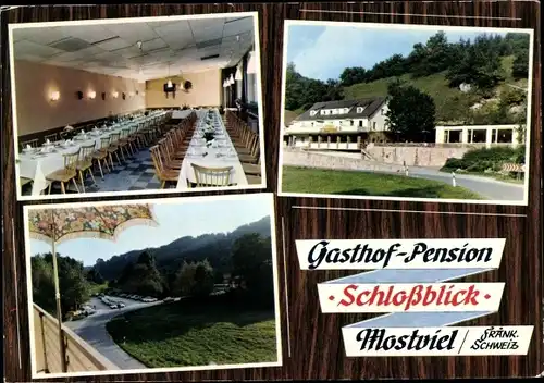 Ak Mostviel Egloffstein Oberfranken, Gasthof Schlossblick, Straßenansicht, Innenraum