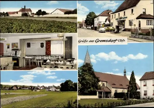 Ak Gremsdorf in Oberfranken Bayern, Gasthof Göb, Ortspartien, Kirche, Gastraum