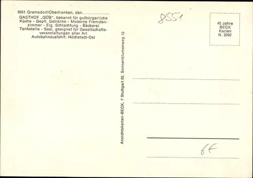 Ak Gremsdorf in Oberfranken Bayern, Gasthof Göb, Ortspartien, Kirche, Gastraum