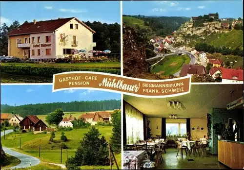 Ak Siegmannsbrunn Pottenstein in Oberfranken, Gasthof Pension Café Mühlbauer, Ortsansicht, Gastraum