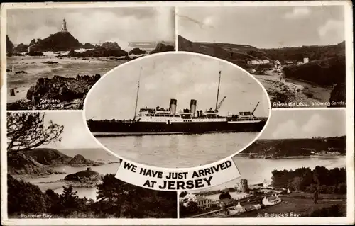 Ak Kanalinsel Jersey, Dampfschiff, Corbiere Lighthouse, Portelet Bay, Greve de Lecq