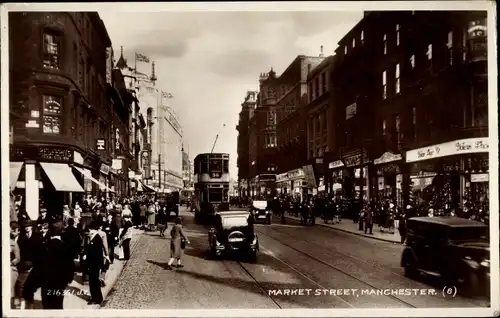 Ak Manchester England, Market Street, Doppeldecker-Straßenbahn