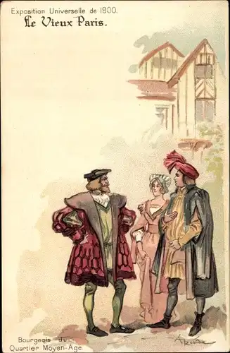 Künstler Litho Robida, A., Exposition Universelle de 1900, Bourgeois du Quartier Moyen Age