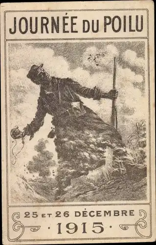 Künstler Ak Journée du Poilu, 25 et 26 Décembre 1915, französischer Soldat wirft Handgranate