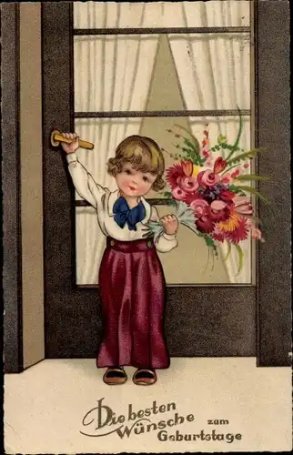 Ak Glückwunsch Geburtstag, Mädchen mit Blumenstrauß an der Tür