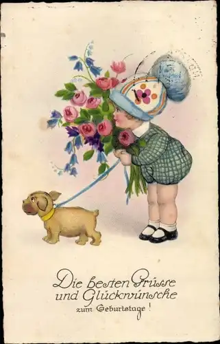 Ak Glückwunsch Geburtstag, Mädchen mit Blumenstrauß, Hund