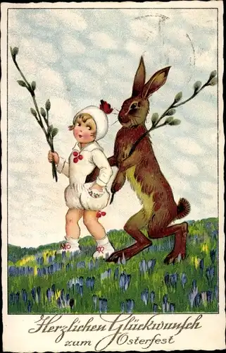 Ak Glückwunsch Ostern, Kind und Osterhase, Weidenkätzchen, Krokuswiese