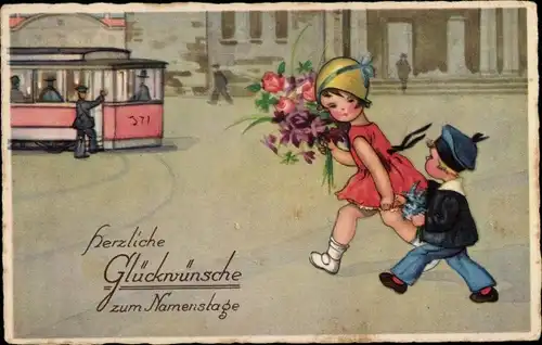 Ak Glückwunsch Namenstag, Kinder mit Blumen, Straßenbahn