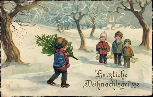 Ak Frohe Weihnachten, Junge mit Tannenbaum, Kinder, Winterlandschaft