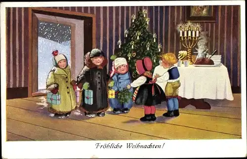 Ak Frohe Weihnachten, Tannenbaum, Kinder mit Geschenken, Festtafel