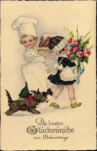 Ak Glückwunsch Geburtstag, Bäcker mit Kuchen, Dienstmädchen mit Blumenstrauß, Hund