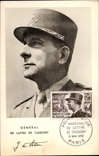 Maximum Ak Général de Lattre de Tassigny, Marechal, Premier Jour Paris 8 Mai 1952