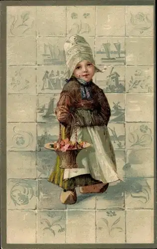 Ak Mädchen in niederländischer Tracht, Kacheln, Blumenkorb