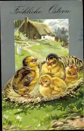 Präge Ak Glückwunsch Ostern, Küken in einem Nest
