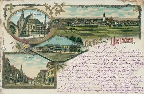 Glitzer Litho Uelzen in Niedersachsen, Reichspost, Bahnhof, Gudesstraße, Gesamtansicht