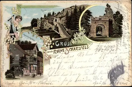 Litho Ruine Scharzfels, Burgtor, Ruine, Hotel Schuster