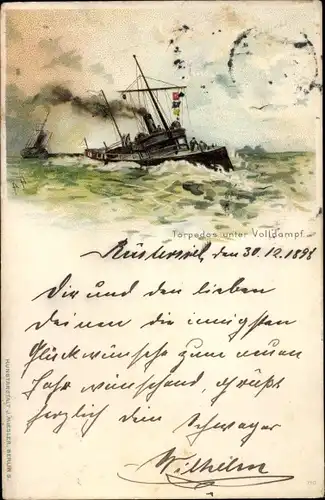 Künstler Litho Deutsches Kriegsschiff, Torpedoboote unter Volldampf, Kaiserliche Marine
