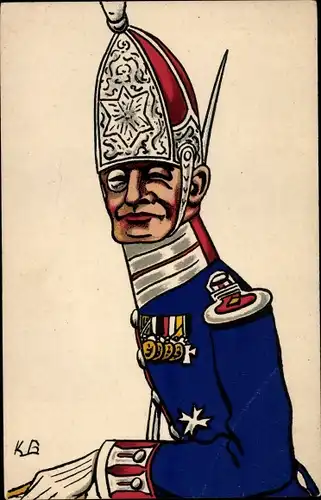 Künstler Ak Preußischer Gardesoldat in Paradeuniform, Lange Kerls, Orden, Monokel, Karikatur