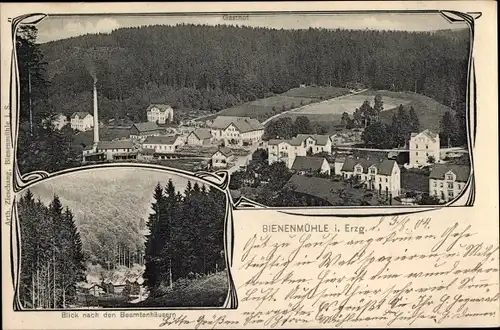 Ak Bienenmühle im Erzgebirge, Gesamtansicht, Gasthaus, Blick nach den Beamtenhäusern