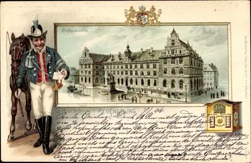 Litho Regensburg an der Donau Oberpfalz, Postgebäude, Postbote mitfährt